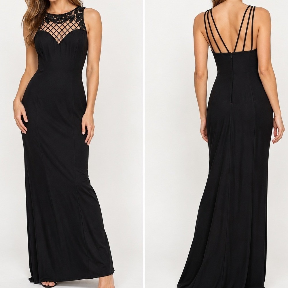 VTG Faviana New York Vintage Black Beaded Illusion Neckline Maxi Gown Sz Medium